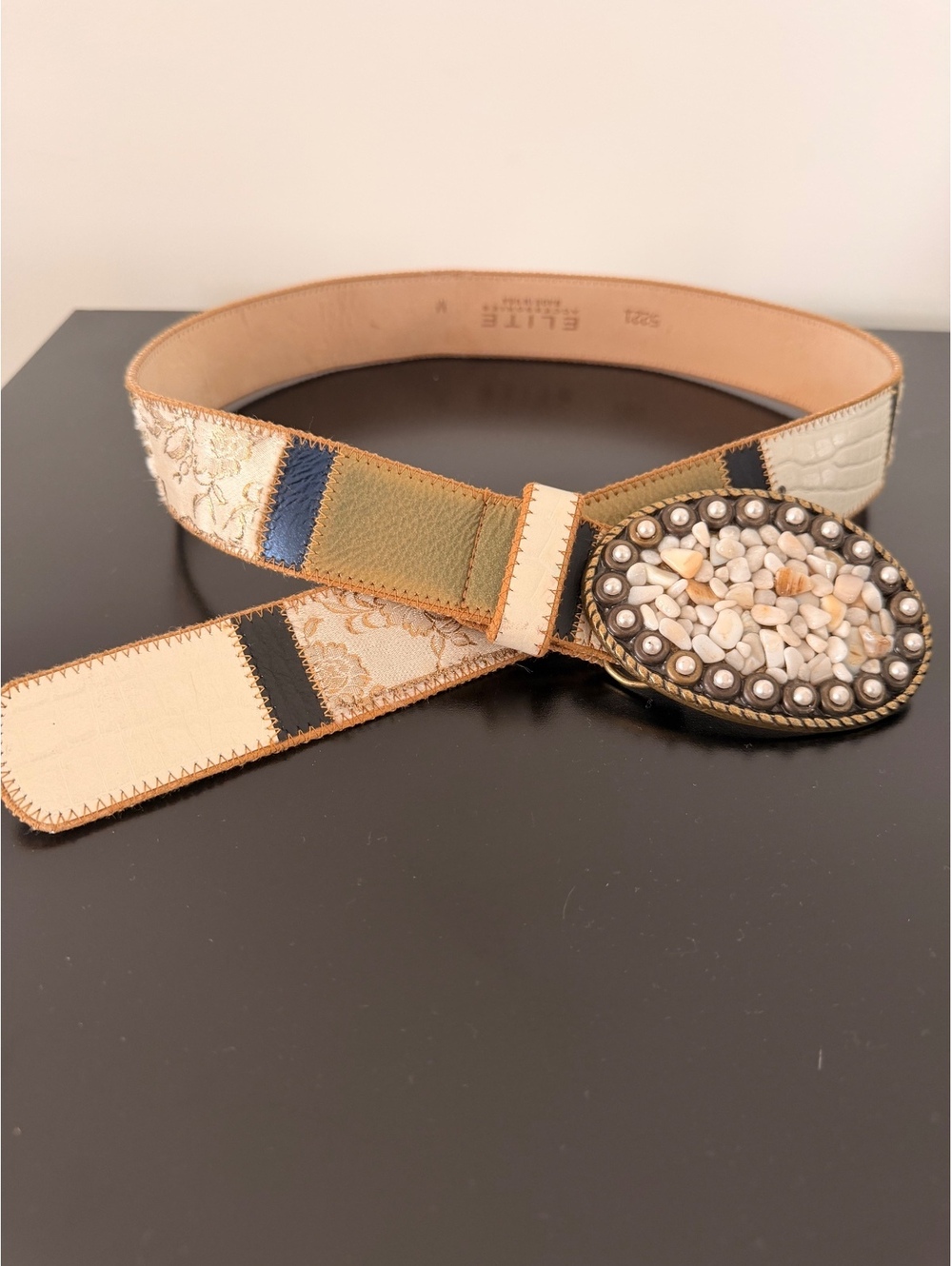 VIntage Elite Accessories Patchwork Belt with Decorative Stone Buckle